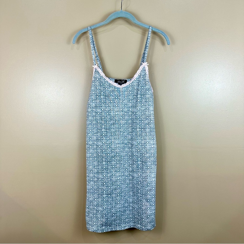 René Rofé Sleepwear Gray & White Floral Pink Lace Trim Nightgown Chemise Small